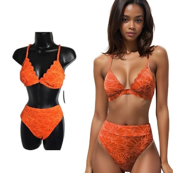 4.🆕Small Cupshe Orange 2-Piece Floral Jacquard Print High Waist Bikini Swimsuit - Picture 1 of 8